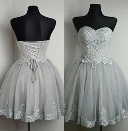 2019 lindo curto vestidos de baile querida sem mangas prata cinza renda apliques espartilho volta tule formal vestidos de festa custom made1784382