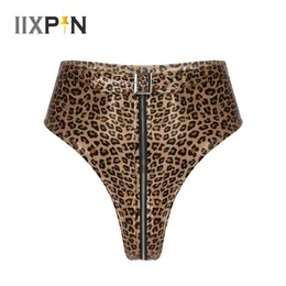 Womens Pu Leather Leopard Sexy Clubwear High Cut Front Zip Up Booty Shorts Pants For Night Club Party Rave Sexy Knickers 240320