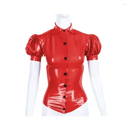 Camicette da donna Camicia sexy Top da donna Manica corta a sbuffo Colletto rovesciato Pelle PVC Slim Office Lady Camicetta regolare Party Club 7XL