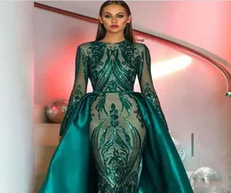 Luxury Muslim Dark Green Long Sleeves Sequins Mermaid Evening Dresses 2020 Illusion Plus Size Party Party Prom Clows with Detacha6798012