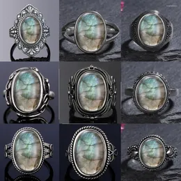 Anéis de cluster S925 Sterling Silverring para mulheres oval redondo natural labradorite anel presente em forma de sol retro luxo jóias finas