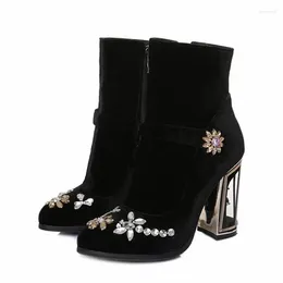 Stivali Donna Caviglia Velluto Nero Designer Diamond Flower Birdcage Tacco alto Strass Botas Mujer Donna Botte femminile