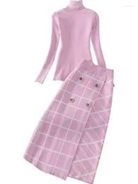 Work Dresses Fashion Runway Designer Sweater Skirt 2Pcs Set Women 2024Autumn Winter High Neck Knit Top Plaid Suit Lady Twinset