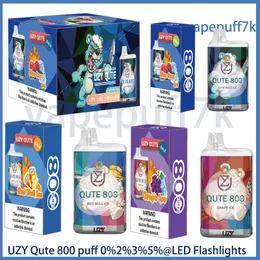 Uzy Qute 800 Puff Disposable Vape 0% 2% 3% 5% PULD 3ML Förladdad 550mAh Uppladdningsbar elektronisk cigarettvape pennor LED -ficklampor