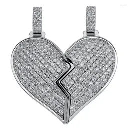 Pendant Necklaces Hip Hop CZ Cubic Zirconia Bling Out Broken Heart Two BFF Pendants Necklace Men Rapper Jewelry With 24" Rope Chain