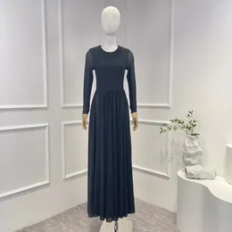 Vestidos casuais sólido bege 2024 chegadas elegante de alta qualidade manga longa o-pescoço brilhando plissado ruched mulher preto midi vestido