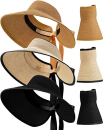 3 Pieces Foldable Straw Sun Hat , Sun Protection Wide-brimmed Sun Hat , Adjustable Women's Beach Hat. Khaki, black, brown three colors for one package.