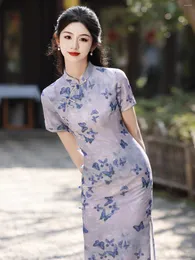 Etniska kläder unga elegant damstil ser vit silke chic lila cheongsam vår och sommar kinesisk kort ärm daglig bärbar klänning