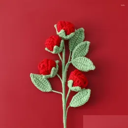 Decorative Flowers Wreaths Diy Knitting Mti-Head Rose Artificial Flower Cloghet Fake Single Bouquet Valentines Day Gift Home Table Dro Otwzu