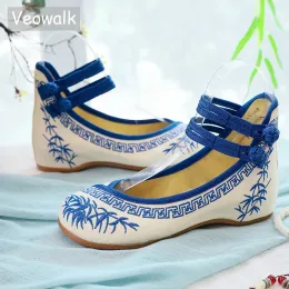 Flats Veowalk el yapımı moda kadın balerinler dans ayakkabıları Çin çiçek nakış yumuşak gündelik ayakkabılar kumaş yürüyüş daireleri