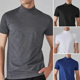 Homens camisetas meia gola alta fino ajuste topos verão casual manga curta cor sólida elástico fino pulôver camiseta roupas 240321