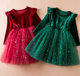 Christmas girls sequins starry sky lace tulle dresses kids velvet splicing gauze princess dress children xmas pageant clothes Z5362