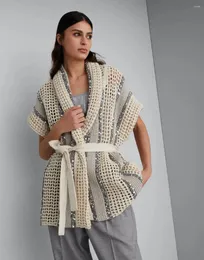 Maglieria da donna Bru C Cardigan in maglia a rete a righe abbaglianti in lino di iuta, cotone e seta con cintura Top2024 Maglieria per donna di alta qualità