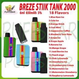 オリジナルのBreze Stiikタンク2000パフ使い捨て電子タバコ6ml事前に充填されたポッドカートリッジ650mah充電式バッテリー2％5％パフ2kキット