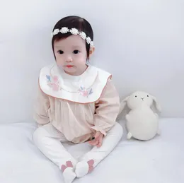 Rompers 2024 Korean Summer Toddler Girl Overalls Romper Cotton Wide-lapel Embroidery Lattern Sleeve Loose Born Bodysuit