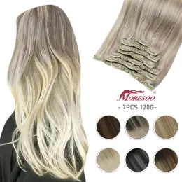 Extensões moresoo clipe em extensões de cabelo humano cabelo loiro 100% real sedoso em linha reta extensões de cabelo de cabeça cheia clipe no cabelo remy brasileiro