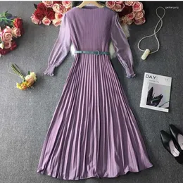 Casual Dresses Elegant Vintage Belt Chiffon Summer Dress Spring French Crimp Midja Långärmning Slim Fit Solid Pleated For Women 2024