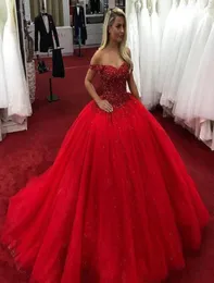 Nuovo economico abito rosso Quinceanera con spalle scoperte perline formale principessa dolce 16 anni ragazze abito da spettacolo per feste di ballo plus size personalizzato Ma6296661