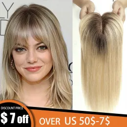 Toppers Ombre Blonde 100% Remy Human Hair Toppers with Bangs Silk Base Clip Topper Topper Top Hair in Hair Extension 10/12/14inch