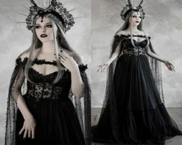 Abito da sposa nero gotico da favola scuro con corsetto a coppa Corpetto fantasia A Line Abiti da sposa Vampiro medievale Matrimonio di Halloween9403544