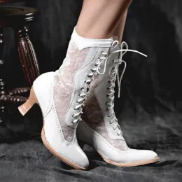 Boots Femme Zapatos Women Victorian Pointed Toe MidCalf Boot Leather Lace Hollow Out Punk Lace Up Strange High Heel Shoes Plus Size43