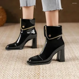 Botas Senhoras Sapatos 2024 Tornozelo Clássicos Femininos Modernos Mulheres Frente Zip PU Turn Over Square Toe Chunky Heel