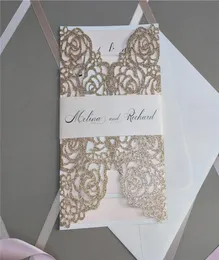 Lasergeschnittene Einladung zur Hochzeit, glitzernde Hochzeitseinladungen in Roségold mit Bauchbanddruck2558306