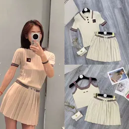 Women's Designer Stretch Casual Two-piece Classic Knit Fashion Letter Pattern People Summer Short Sleeve Set Luxury Pleated Skirt Outfit Dress Set 3 Models