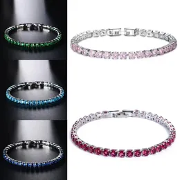 Alta qualidade novas mulheres pulseira masculino azul esmeralda rosa zircônia cúbica hiphop sier banhado a ouro jóias diamante uma linha hip hop 4mm cristal