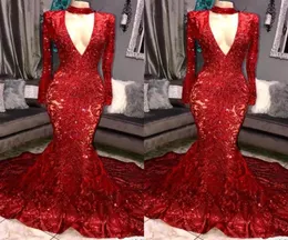 Red Royal Blue Gorgeous Bling paljetter Prom Dresses Mermaid Long Sleeves V Neck aftonklänning Kvinnor Eleganta festklänningar BC08424770266