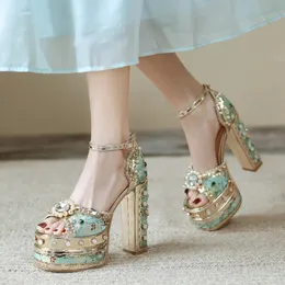 Lüks İnci Rhinestone Tasarım Ayçiçeği açık ayak parmağı sandalet Retro Düğün Gelin 14cm Yüksek Topuklu Seksi Yaz 34-43 Kadın Ayakkabı 240312
