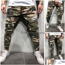 Mäns jeans män utan att stänga för Spring Festival Badge Slim Fit Tight Montering Elastic Cuffs Camouflage Leggings Drop Delivery AP DHZQC