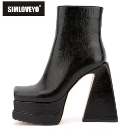 Boots Simloveyo Ladies Mid Calf Boots Square Toe Heels chunky Heels 14.5cm Platform 5cm Solid بالإضافة إلى حجم 3443 موجز المواعدة S4150