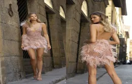 Berta Prom Dresses Sexy See Through Sequins Beaded Feather Spaghetti Mini Pink Evening Dresses Custom Made Short Formal Party Gown4921309