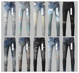 Designer di jeans viola per uomo di marca Hole Skinny Motocicletta Patchwork alla moda Tutto l'anno con gambe sottili