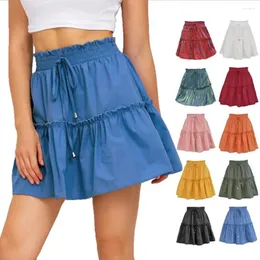 Skirts Solid Color Short Mini Women Summer Ruffle High Waist Bow Tie Skirt Ladies Streetwear Slim Bottoms Saias Drop