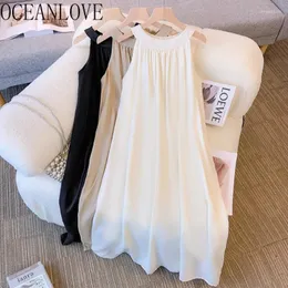 Sıradan Elbiseler Oceanlove İlkbahar Yaz Kadınları Katı Kore Moda Halter Kolsuz Vestidos Mujer A-Line Zarif Gevşek Uzun Elbise