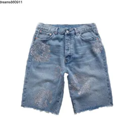 Mens Jeans Short Flower Diamond Denim Shortpants Slim Street Hip Hop Jean Shorts Button Fly Wreath Breads Black Light Wash Blue Designer Men {category}