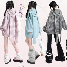 Luźne z kapturem z kapturem z kapturem ucha Kobiety z kapturem bluzy Y2K Autumn Cute Cardigan Coat Kpop Kawaii Ubrania 240314