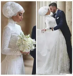 Bescheidenes muslimisches Hochzeitskleid 2019, türkische Gelinlik-Spitzenapplikation, bodenlang, islamische Brautkleider, Hijab, langärmeliges Hochzeitskleid 6625088