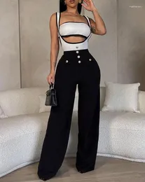 Women's Two Piece Pants 2024 Summer Women Set Sexy Contrast Binding Bandeau Sleeveless Bras Top And Suspender Button High Waist Jumpsuit