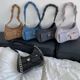 Bag Safari -stilkedjor axel underarmsäckar för kvinnor 2024 denim canvas bolsas mujer nisch bolsos fickor säck de femme