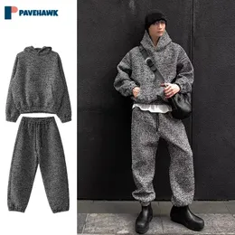 Mens Korea Harajuku Set High Street Xiaoxiangfeng Hooded Sweatshirtbaggy Straight Pants Man Retro Set Spring Fashion Suit 240312