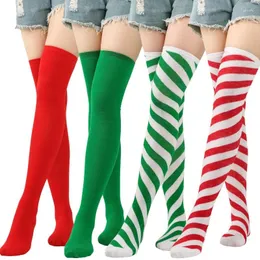 Mulheres meias doces cana diagonal listrado sobre o joelho longo feriado de natal coxa meias altas meias para e meninas