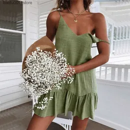Vestidos casuais básicos sexy italiano espaguete alça de ombro vestido plissado para mulheres verão 2023 algodão linho vestibus verde sexy mini saia de sol q240322