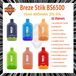 원래 Breze Stiik BS6500 퍼프 일회용 vapes 2% 5% 강도 15ml 포드 12 맛 E 담배 400mAh 배터리 6500K 퍼프 키트 키트