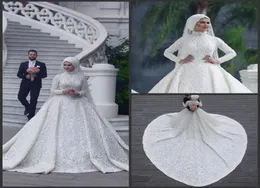 Yüksek Boyun Uzun Kollu Arapça Hijab Müslüman Gelinlik 2019 Romantik Aplikler Dantel Beyaz Gelin Gowns Mahkeme Tren Abiti Da SPO4647614