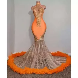 Orange Black Girls Mermaid Prom Dresses Satin Beading Sequined High Neck Feathers Skirt Evening Party Formal Gowns For Women