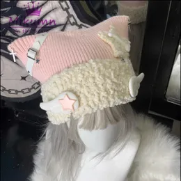 Women Harajuku Gothic Lolita Angel Wings Beanie Hat Japanese Y2K Girl Cross Star Bone Cat Ear Cap Autumn Winter Warm Knitted Hat 240307