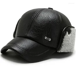 Berretti da baseball HT3362 Berretto da uomo caldo cappello invernale da baseball maschile antivento in pelle PU uomo anziano nonno papà cappelli con paraorecchie